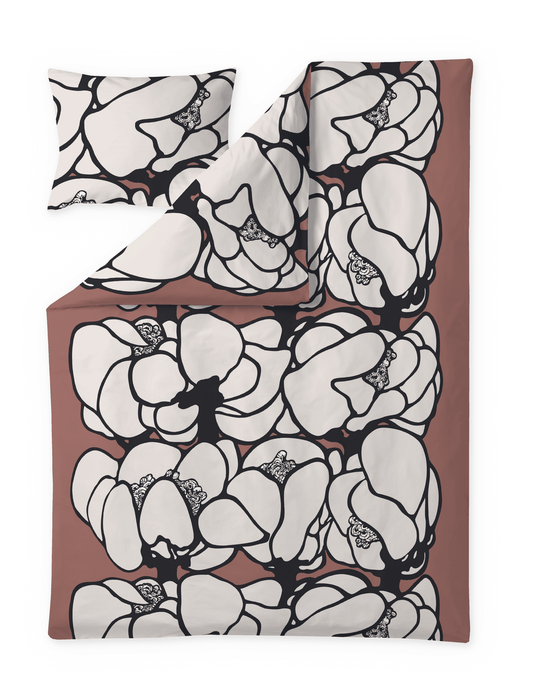 105091-4202; Vallila Makeba-satiinipussilakanasetti Punainen-harmaa / 150x210 cm 